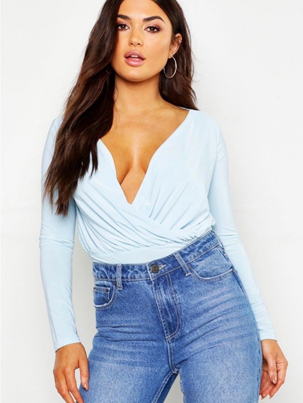 Boohoo Light Blue Wrap V-Neck Long Sleeve Bodysuit